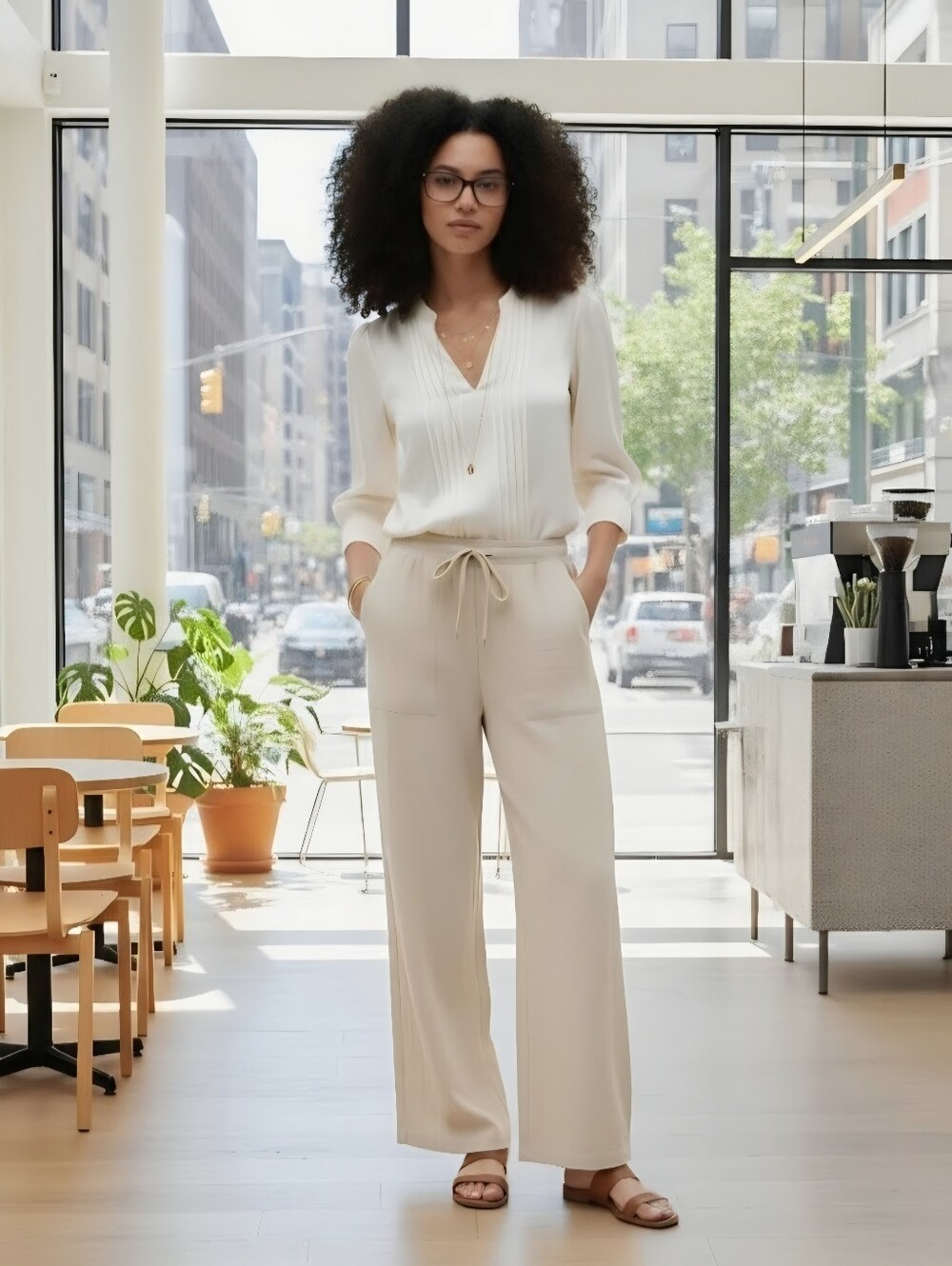 HG Women Size S Relaxed Drawstring Wide-Leg Pants - Beige